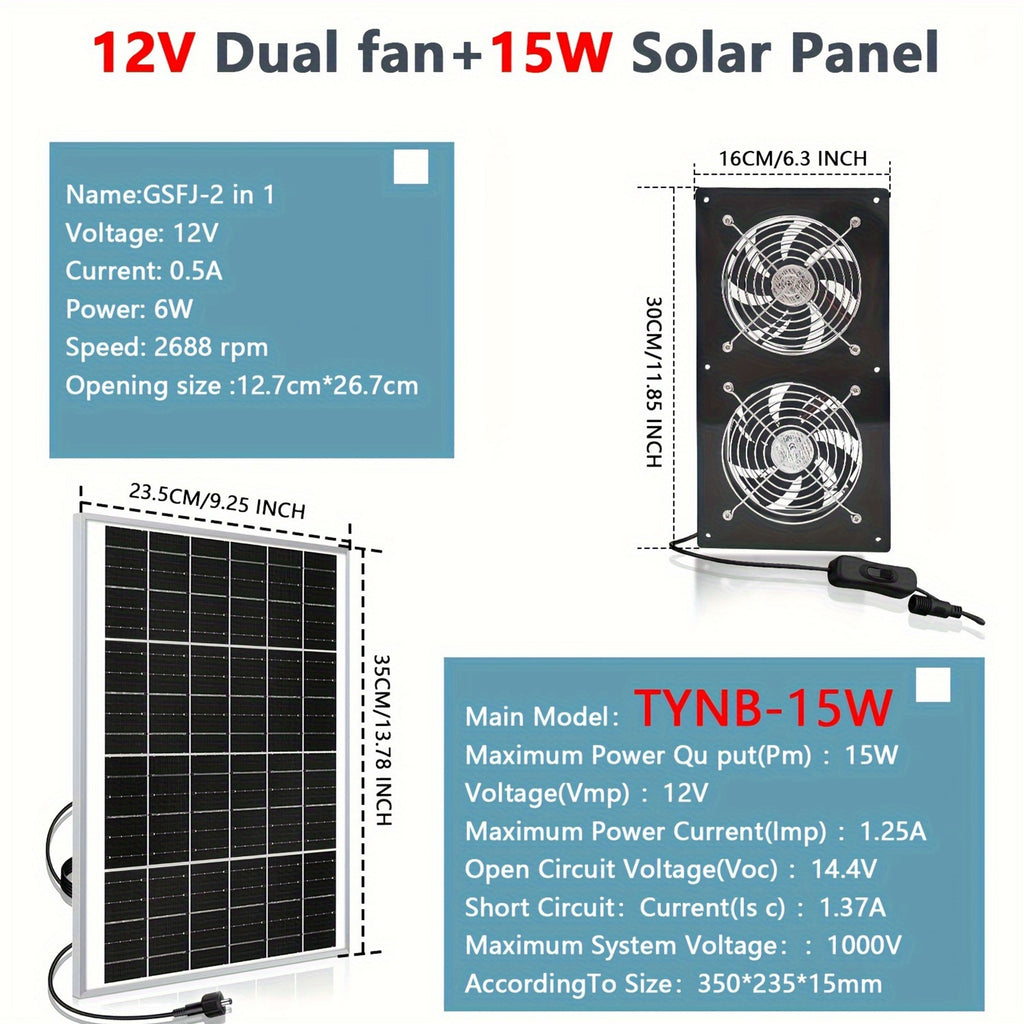 15W Solar Panel Equipped with Dual High-Speed Exhaust Fan Kit, Specially Designed for Wall-Mounted Ventilation and Cooling, Ideal for Outdoor, Solar Greenhouse, Attic, Shed, RV, Chicken Coop and Dog House