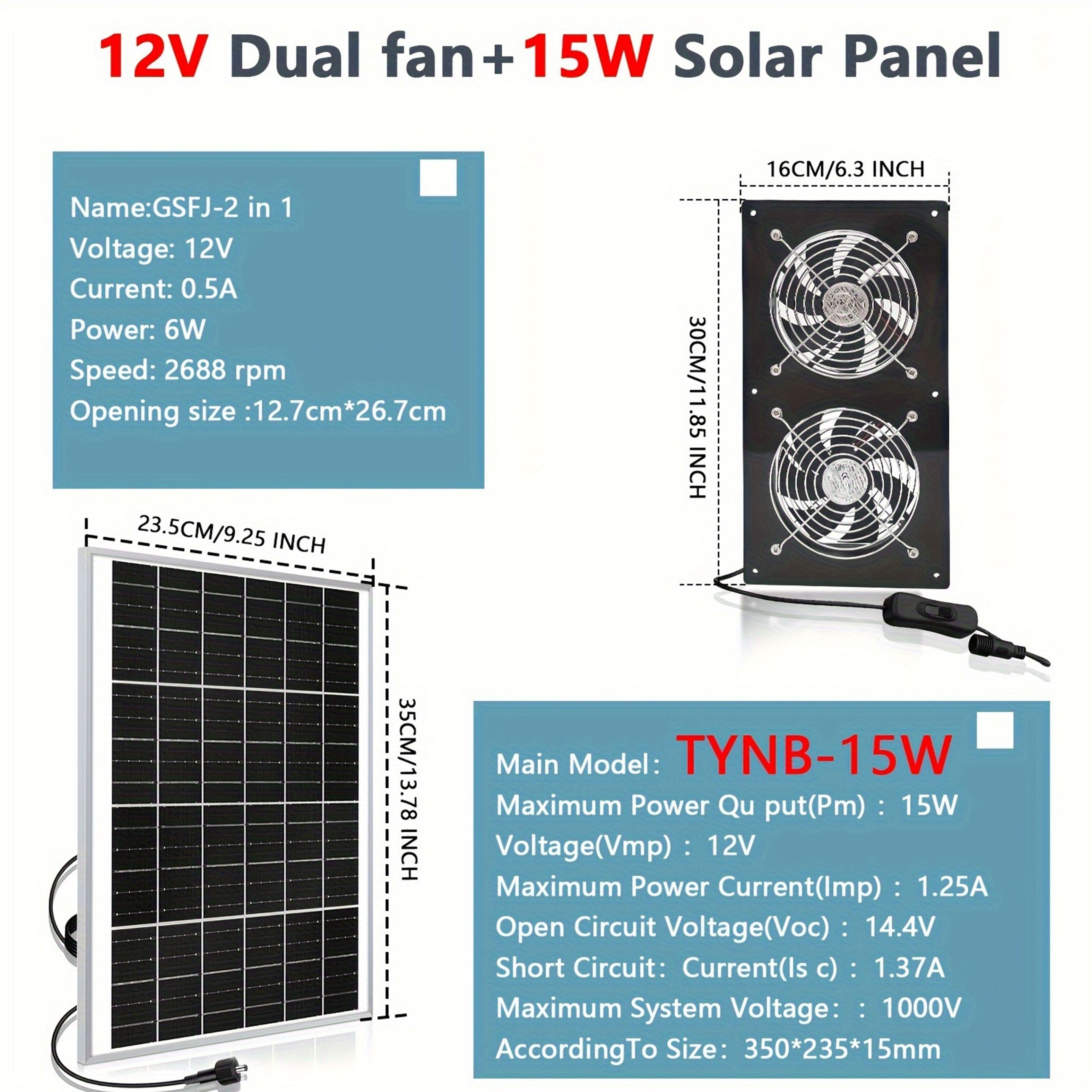 15W Solar Panel Equipped with Dual High-Speed Exhaust Fan Kit, Specially Designed for Wall-Mounted Ventilation and Cooling, Ideal for Outdoor, Solar Greenhouse, Attic, Shed, RV, Chicken Coop and Dog House