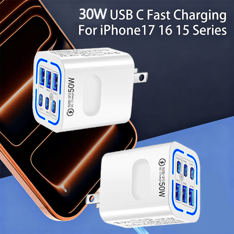 50W US Standard Plug, 3 USB-C + 3 Type C Port Compact Power Adapter | Fast Charging, for iPhone 17 16 15 14 13 12 11 Pro Max Plus, for Samsung, Airpods, iPad, MacBook - UK Charger, US Specification Plug