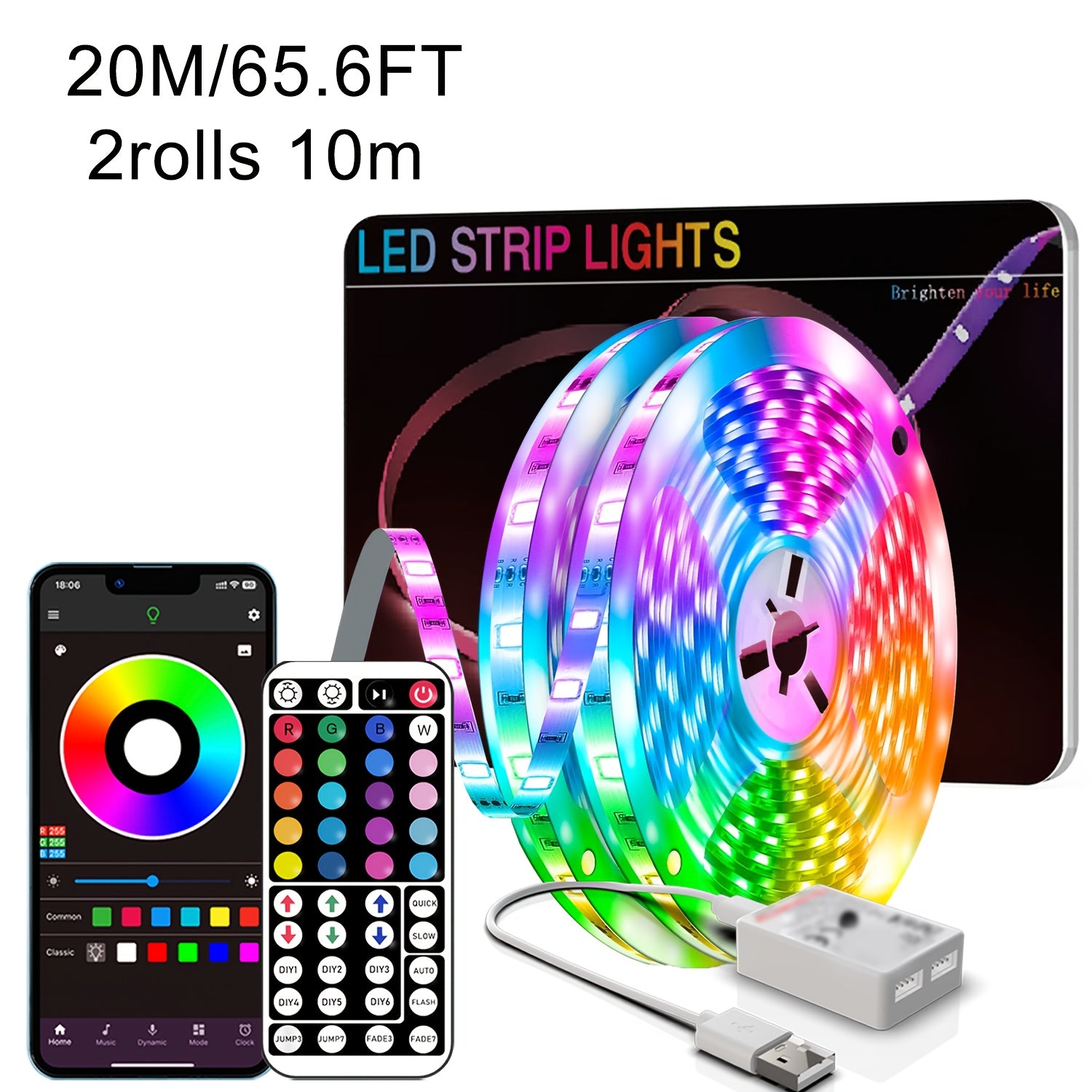 NBBUFF 加长版 LED 灯带，智能房间装饰 RGB 灯条，通过 App 和遥控器控制，带定时、音乐同步、多种场景和 1600 万色，适用于卧室、客厅天花板、万圣节、派对、节日礼物