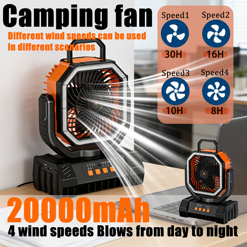 Outdoor Fan, Portable Rechargeable Fan 20000mAh Battery Powered Camping Fan - Cooling, Battery Powered Desktop Fan with 4 Speeds, Bright Light & Hook, Portable for Tent Outdoor Hurricane Power Outage