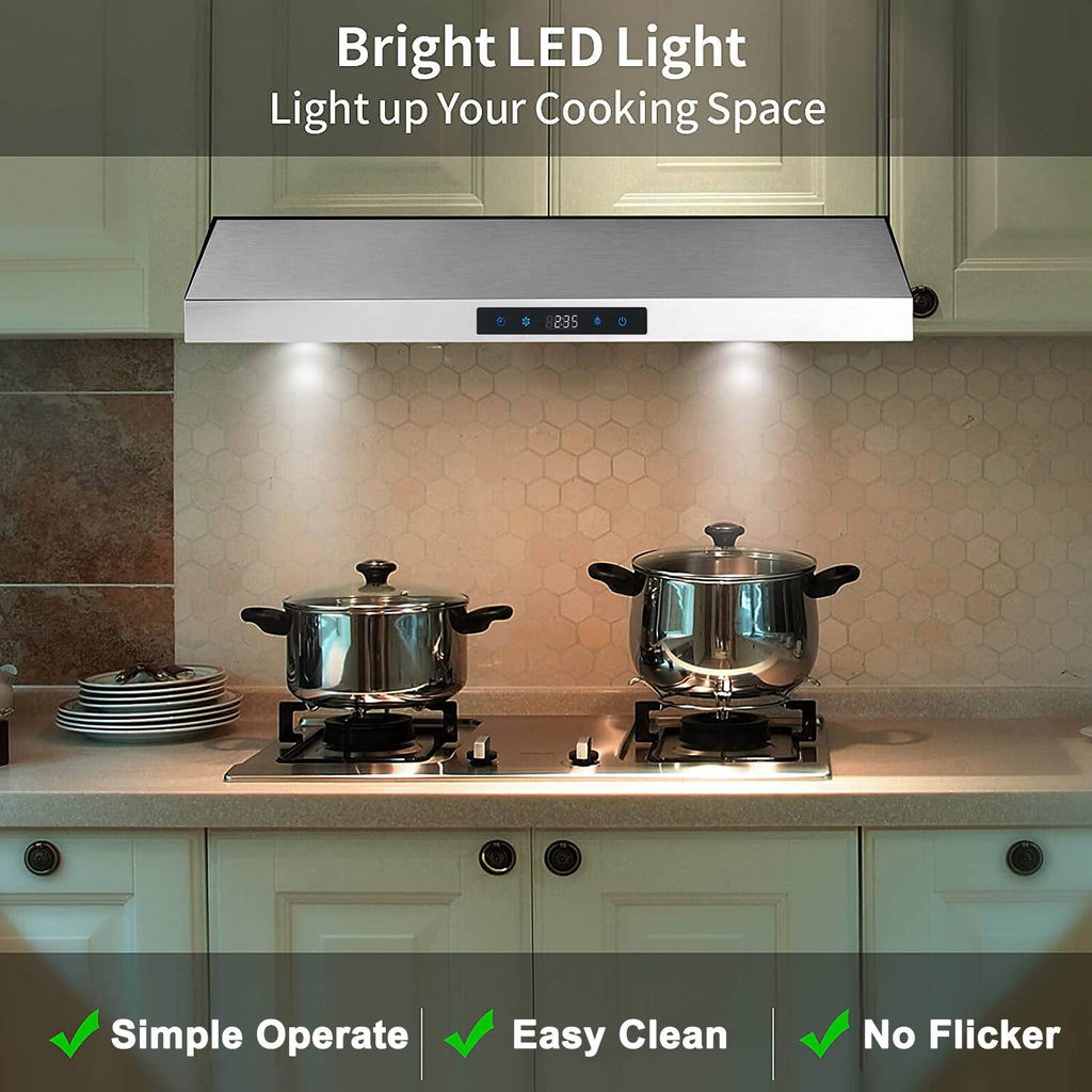 30-Inch Under-Cabinet Range Hood, 3-Way Exhaust, Silver Stainless Steel Construction with Baffle Filter, Kitchen Ventilator, Under-Cabinet Design, 3-Speed Exhaust Fan, Touch Control