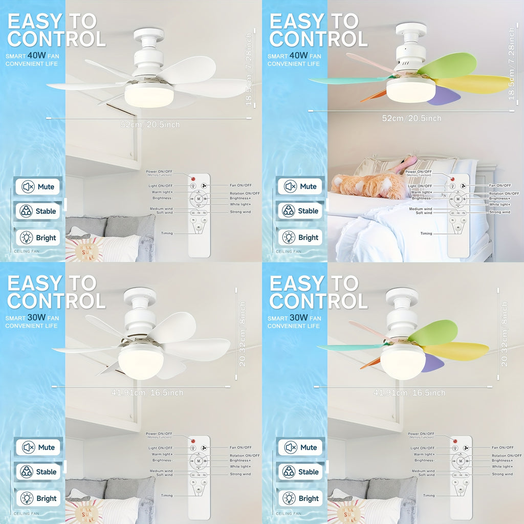 1pc Modern Remote Ceiling Fan Light, 3000K-6500K Dimmable Color Changing, Quiet E26/E27 Easy Install, Small Base Bulb Replacement, for Bedroom Kitchen Living Room