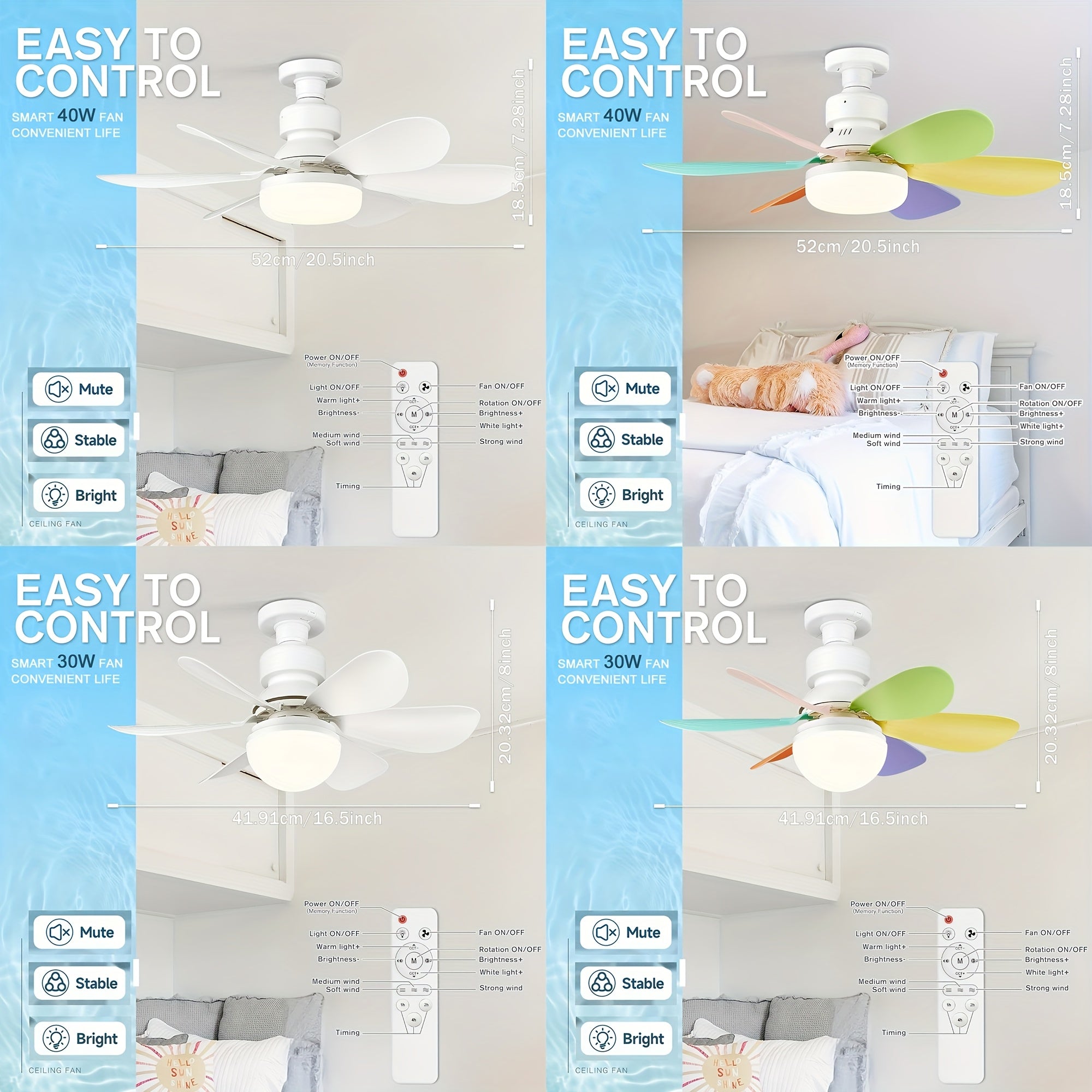 1pc Modern Remote Ceiling Fan Light, 3000K-6500K Dimmable Color Changing, Quiet E26/E27 Easy Install, Small Base Bulb Replacement, for Bedroom Kitchen Living Room