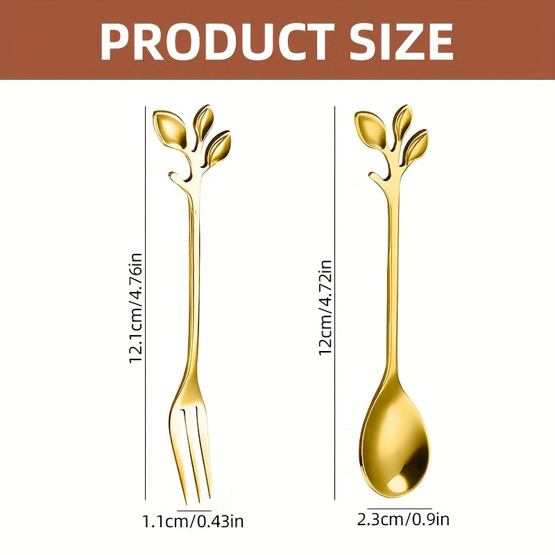 12-Piece Gold Stainless Steel Coffee & Dessert Spoon Set with Leaf Decoration – Polished Finish, Dishwasher Safe, Perfect for Stirring, Fruit