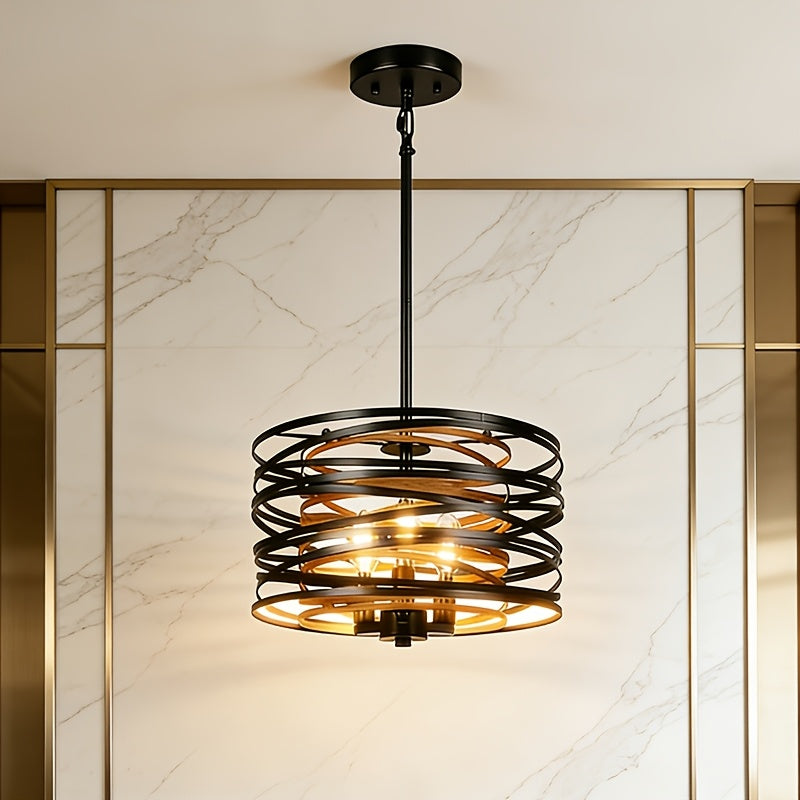 Adjustable Height Industrial Spiral Pendant Light, 3-Light Black Drum Cage Pendant Light with Sloped Ceiling Adapter, Modern Rustic Style Lighting Fixture, Suitable for Dining Room Hall, E12 Socket (Bulb Not Included)