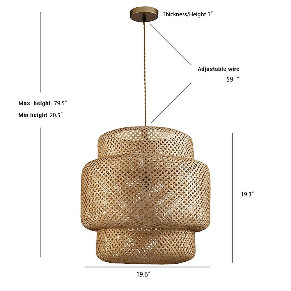 Three-layer rattan pendant light – 19.7-inch hand-woven natural dome light fixture, with 59-inch adjustable hanging rope, bohemian style chandelier, suitable for living room, dining room or entryway – compatible with E26 bulb (bulb not included)