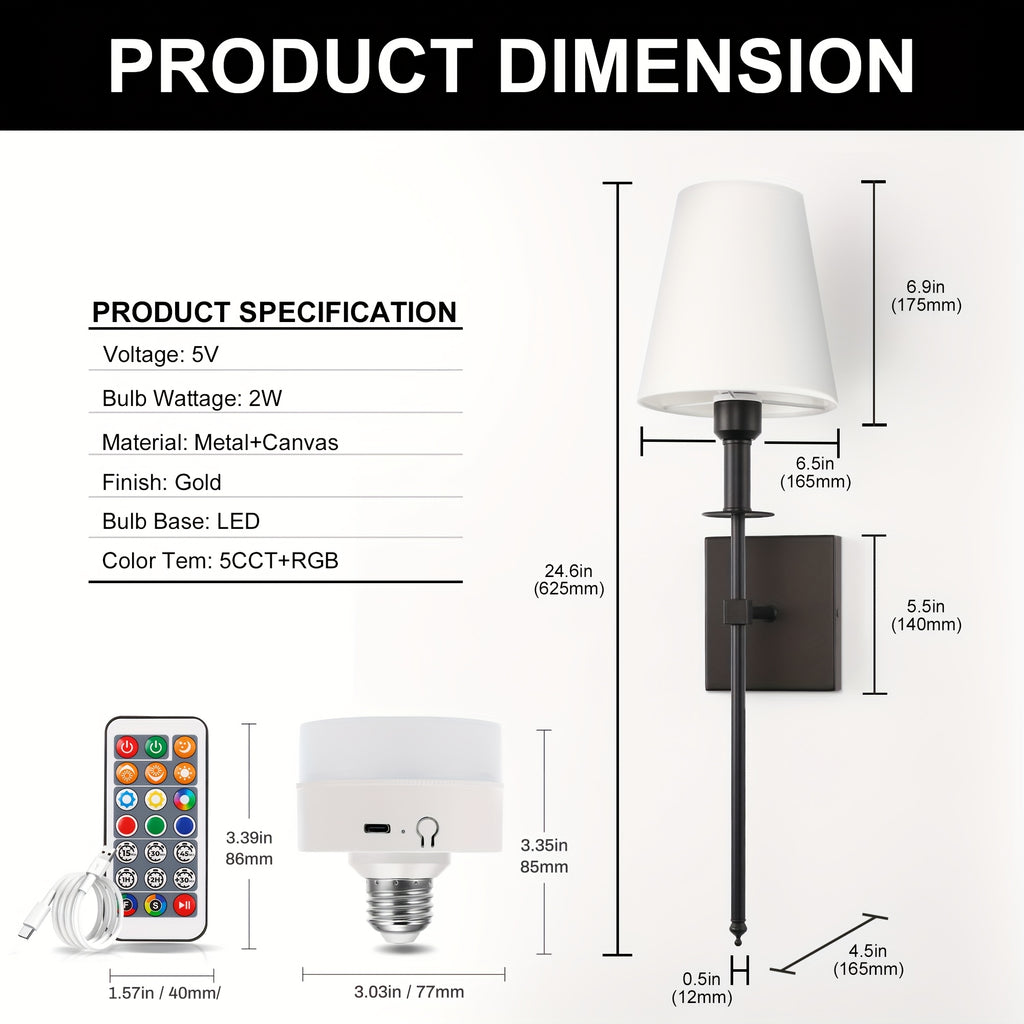 Upgraded RGB remote control wall light, equipped with rechargeable battery and white fabric lampshade, suitable for home decoration scenes such as bedroom, living room, game room. Designed with E26 lamp holder