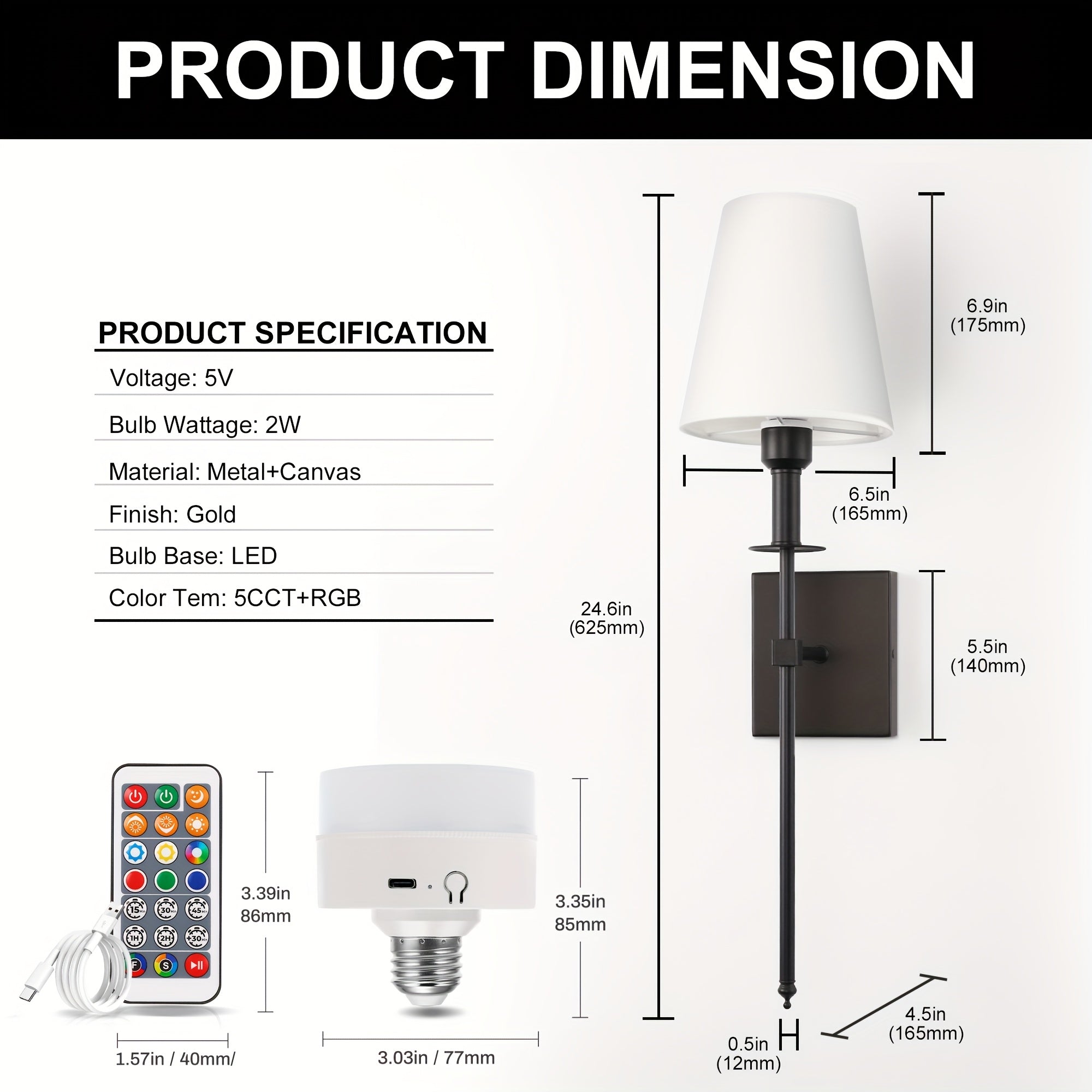 Upgraded RGB remote control wall light, equipped with rechargeable battery and white fabric lampshade, suitable for home decoration scenes such as bedroom, living room, game room. Designed with E26 lamp holder