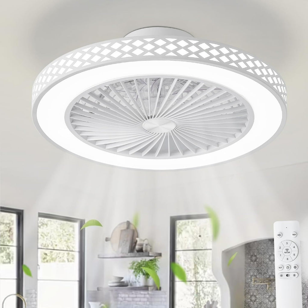 19 Inch Reversible Bladeless Ceiling Fan with Light and Remote, 3000K-6500K Silent Timing Modern Low Profile Ceiling Fan Light, 6 Speed Adjustable, Perfect for Living Room, Kitchen, Bedroom, Office