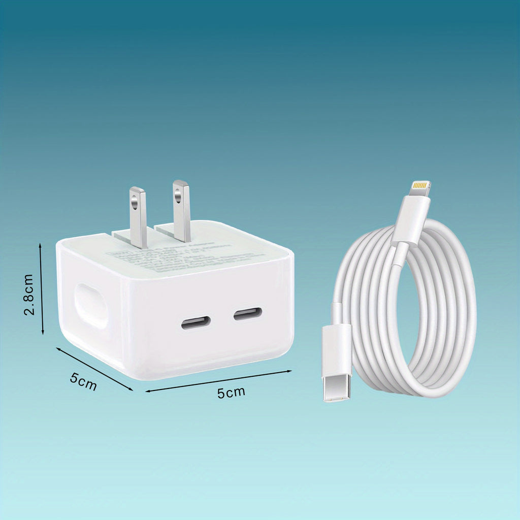 Foldable Dual USB-C Fast Charger - PD Power Adapter, Compatible [MFi Certified] for l Phone 13/ 14 Pro Max & More 4ft Fast Charging Cable Compact Wall Charger