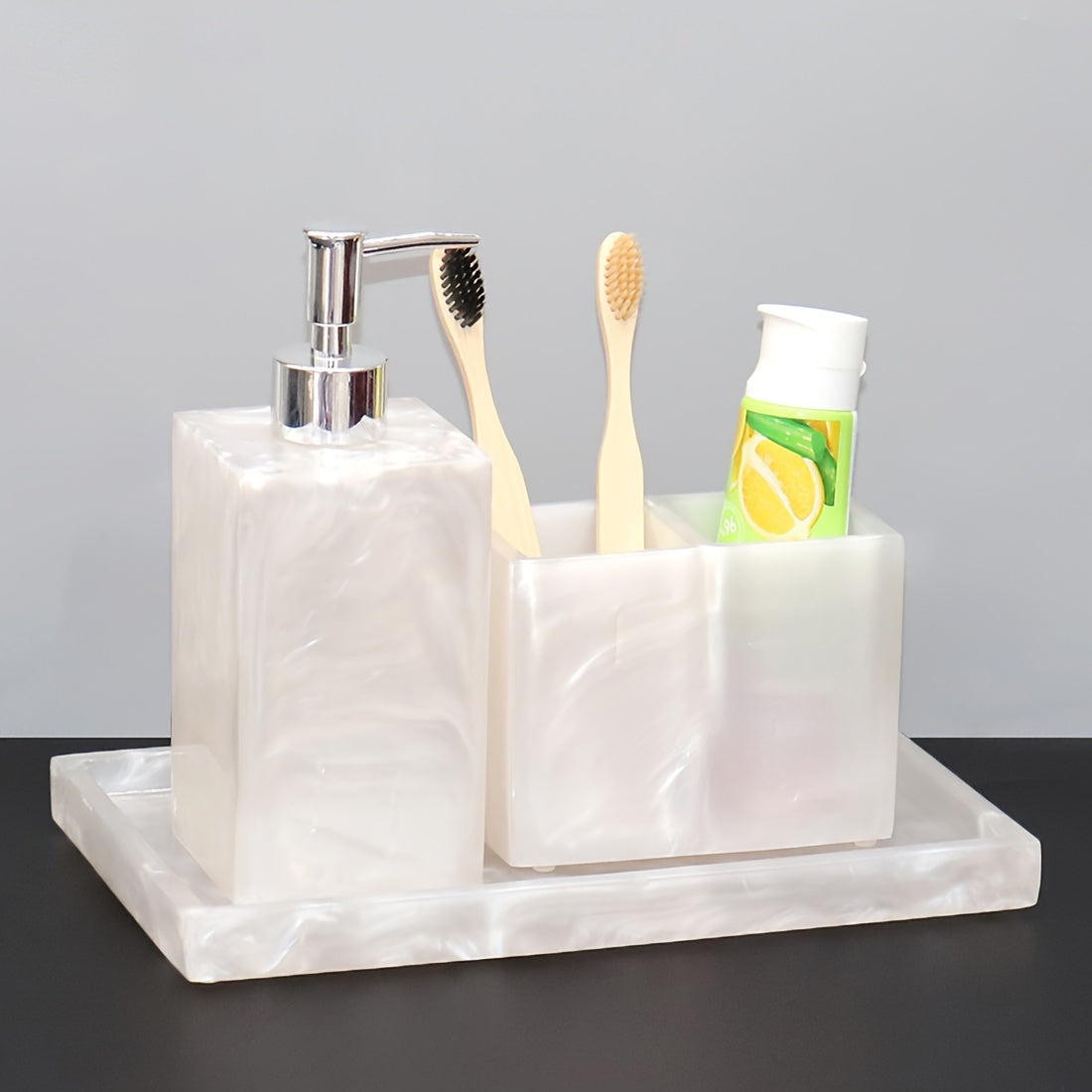 3-Piece Marble Grain Sandstone Finish Soap Dispenser & Toothbrush Holder Countertop Tray - Home Bathroom Apartment Decor Accessories, Soap Bottle Set