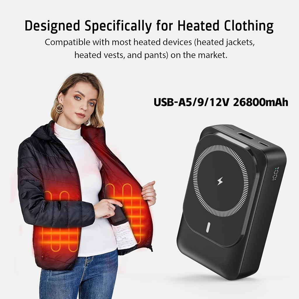 26800mAh Power Bank for Heated Jacket & Vest, 20W USB-C PD Battery Pack with Built-in Cables & LED Display, Portable Charger for Heated Clothing, Phone & Outdoor Use