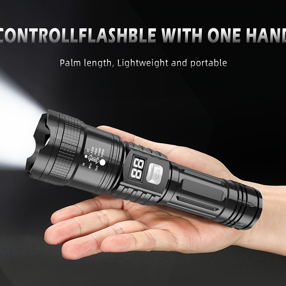 LED Flashlight, Telescopic Zoomable, Focus and Flood Dual Use, 3 Modes High Low Strobe Dimmable, Digital Power Display Real-Time Battery Level, USB Rechargeable Long Endurance, High Brightness Long Range