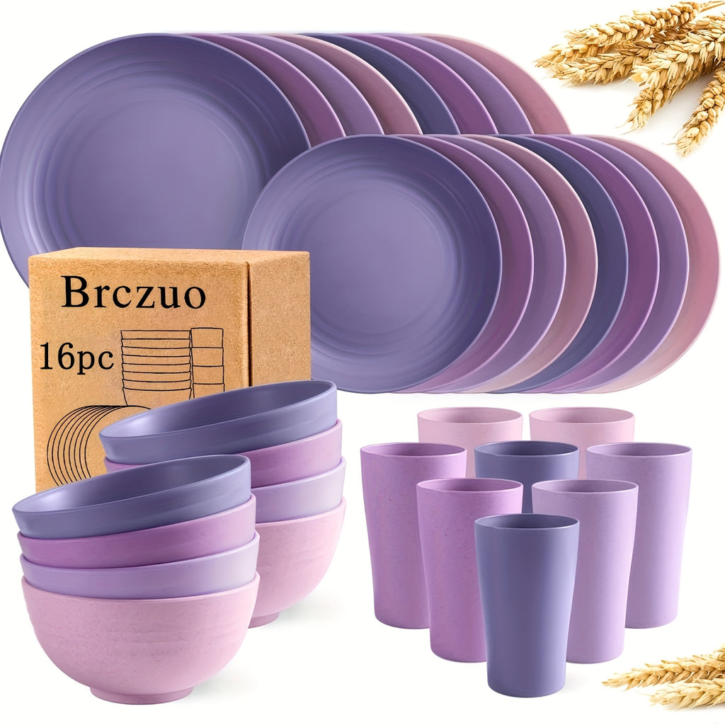16/32Pcs Wheat Straw Plastic Tableware Set 4/8 Person Unbreakable Dinner Plate Dessert Plate Cereal Bowl Cup Outdoor Camping Family Birthday Party Tableware