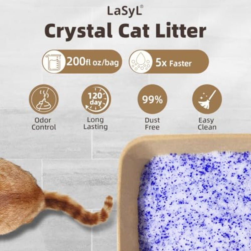 高级水晶猫砂 - 17.2磅 四个月持久 - 优质气味控制和吸收性 不粘团 低追踪 安全宠物猫砂 白色和蓝色 4袋装，共4.3磅