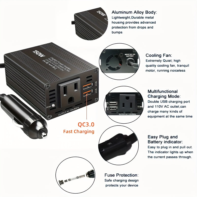 1个150W汽车电源逆变器，12V-36V转110V-130V直流至交流，带3.1A双USB端口，适用于iPhone iPad手机快速充电，车载插头适配器，旅行和车辆用途，高功率输出，黑色时尚设计 |