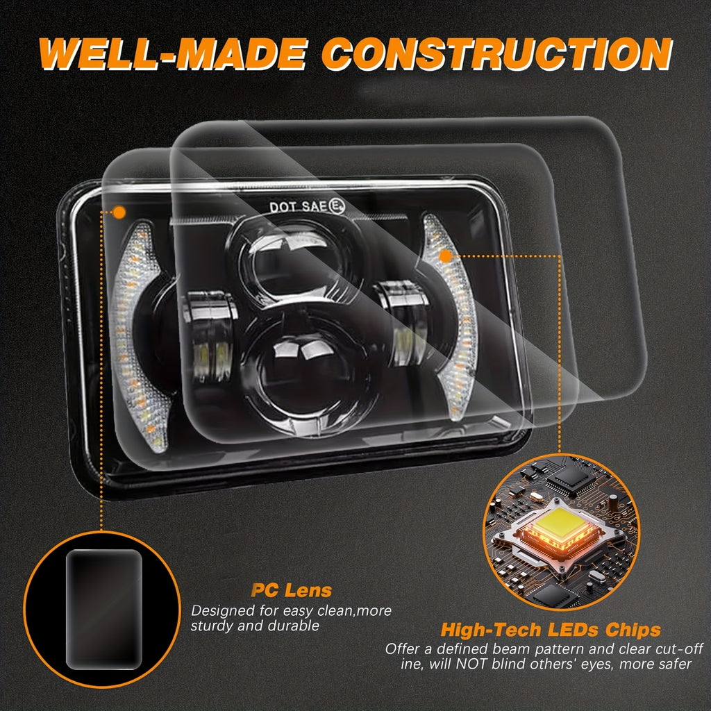 2-Pack 4X6 LED Headlight Set with High/Low Beam, Designed for Cars, with Daytime Running Light and Turn Signal, Suitable for 12V and 24V Trucks, No Battery Included