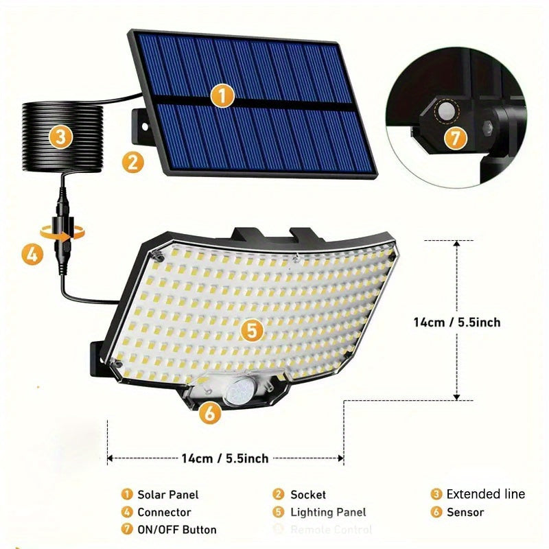 1-Piece 234 LED Split Solar Light, Outdoor Solar Wall Light, Human Shape Detection Lighting, Adjustable Modes and Angle, Motion and Light Detection, Street Light, Suitable for Garden, Path, Entrance, Roof, Patio and Emergency Lighting