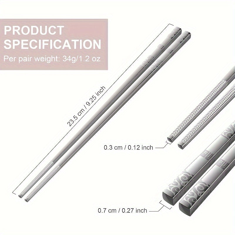 5 Pairs Reusable Metal Chopsticks – Stainless Steel Auspicious Cloud & Fortune Chopstick Set – Laser Engraved, Non-Slip Chinese Cooking Chopsticks – Dishwasher Safe – New Year Gift Chopstick Set