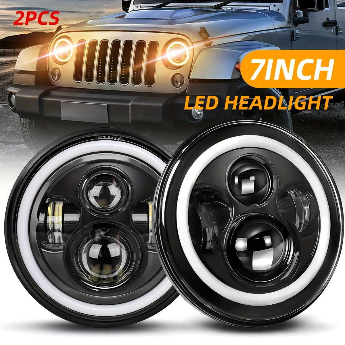 2 Pcs 7-Inch Round LED Headlights with Colorful Daytime Running Lights and Amber/Blue/Green/Red/Pink Turn Signal Lights, High/Low Beam for JEEP Wrangler JK TJ CJ