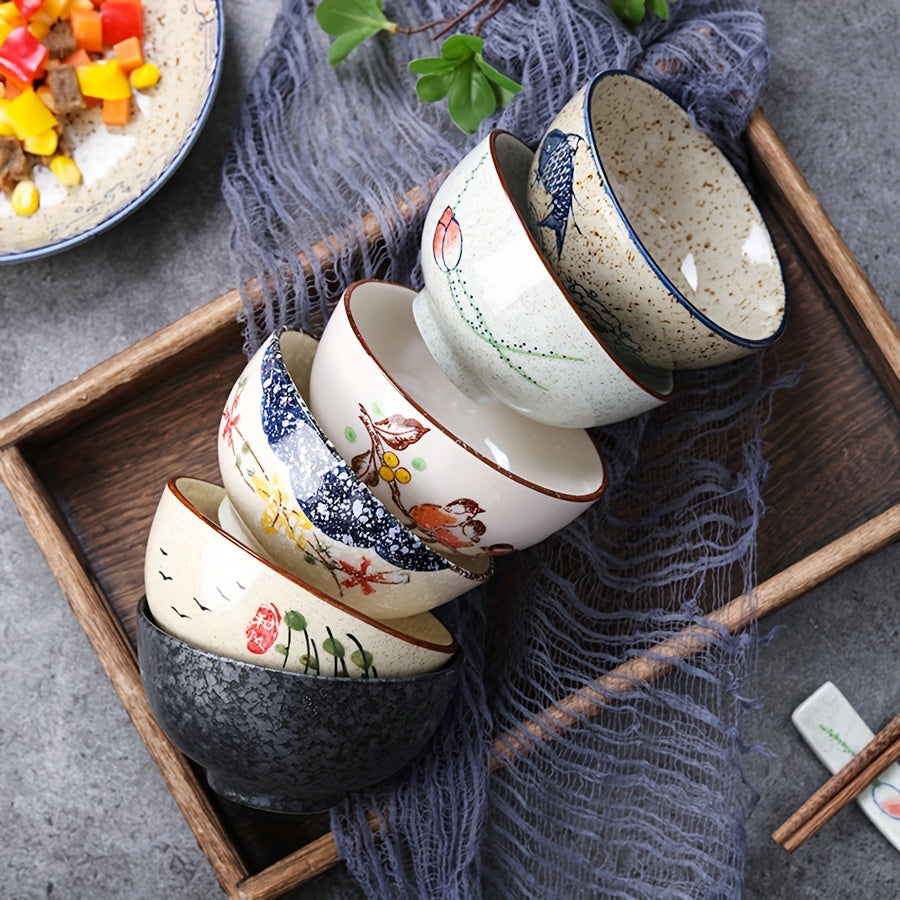 6pcs Vintage Ceramic Cereal Bowls, 4.5-Inch Stackable Chinese Bowls – Small Hand-Painted Dinnerware Set – Perfect for Cereal, Salad, Dessert, Ice Cream, Rice, Noodles – Dishwasher Safe & Microwave Safe