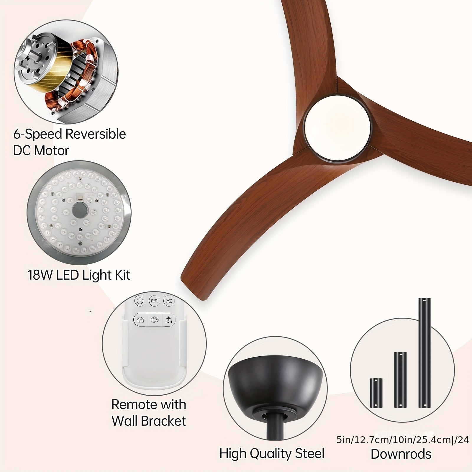 Sofucor Modern Ceiling Fan with Light, 52 Inch, Remote Control, 3 ABS Blades, 3 Color Options, 1/4/8 Hour Timer, 6 Speed Settings, Bright Ceiling Light, for Bedroom, Living Room, Indoor Outdoor