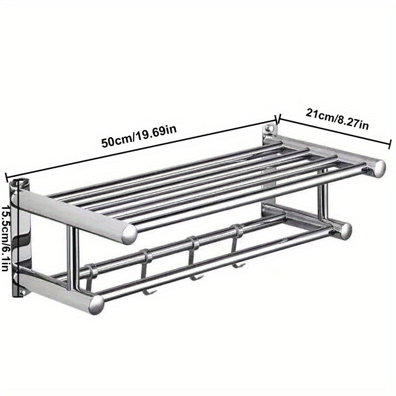 1pc Wall Mount Bathroom Double Layer Shelf - 19.69" Long, Easy Install with 5 Hooks, Polished Mirror Finish, Wide Spacing for Ventilation & Drying, for Home Bathroom, Hotel Toilet