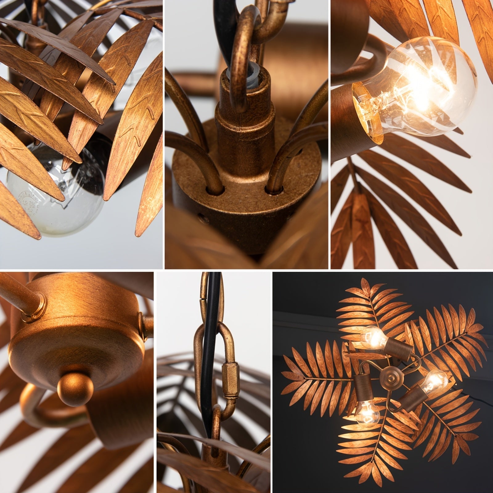 Vintage adjustable tropical palm branch pendant light - height-adjustable ceiling light fixture, with polished metal palm branches and leaves, semi-flush mount design, suitable for bedroom, hallway, bar (bulb not included)