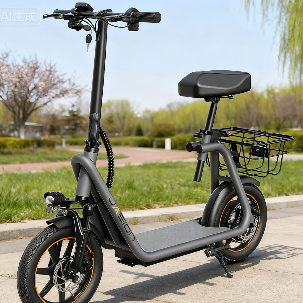 Jasion JS3 PRO 带座椅电动滑板车，成人电动滑板车 850W 峰值电机，续航里程 25 英里，时速可达 25MPH，前叉悬挂和双碟刹，通勤电动滑板车, 日常交通,现代移动性,时尚电动滑板车,高性能电机,远程滑板车,舒适驾驶,仅限成人