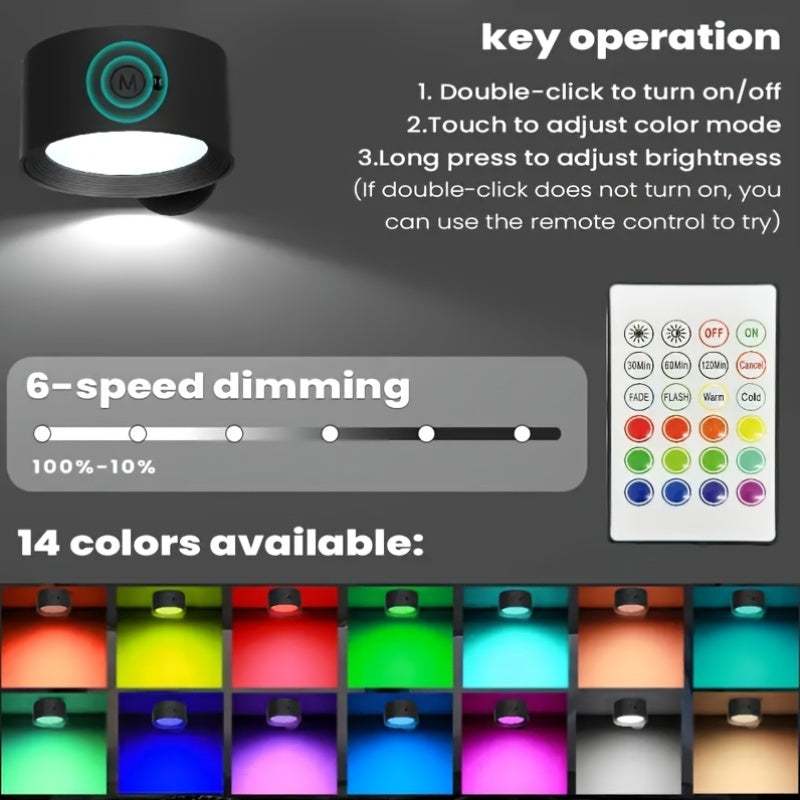 Smart RGB Ambient Wall Light, Remote and Touch Dimming, 12 Colors and 6 Brightness Levels, Rechargeable Magnetic 360° Rotation, Cordless Lighting for Living Room, Bedside, Hallway (Remote Control Battery Not Included)