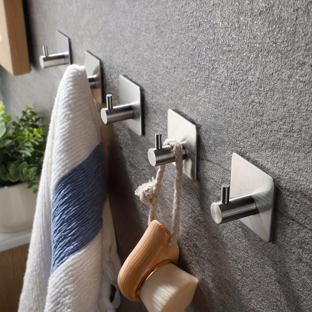 4 Pack Heavy Duty Adhesive Hooks - Towel Hooks, Stick-on Wall Hooks, Waterproof Stainless Steel for Bathroom, Kitchen & Home - Black & Silver