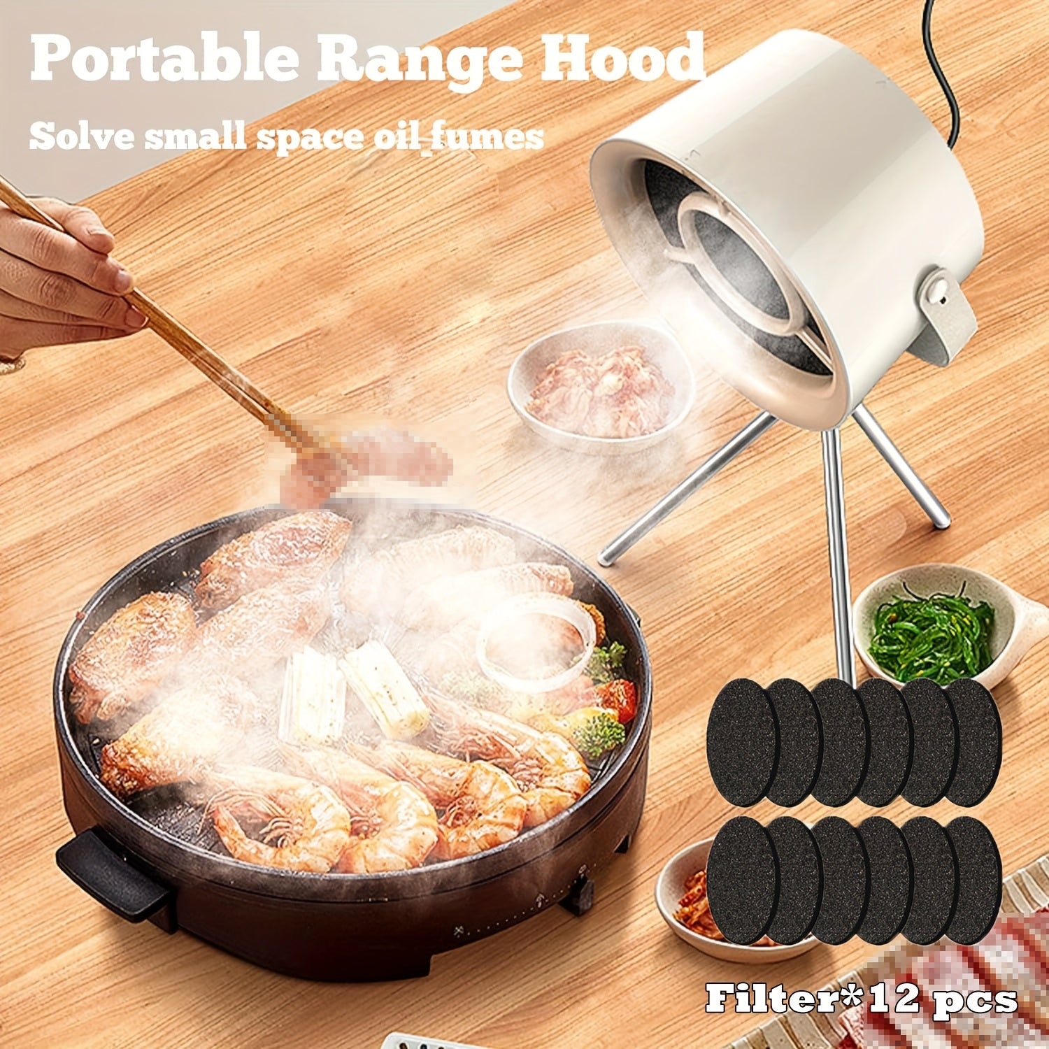 Mini Kitchen Range Hood – Portable 3-Speed Adjustable, Removable Filter Mesh, Oil Absorption, Mini Fan for Indoor Hot Pot & BBQ, Comes with 5/12/22 Filters