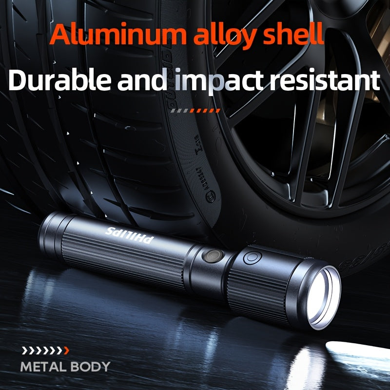 Philips Adjustable Focus Rechargeable Flashlight: Portable & Multifunctional with Telescopic Design. Equipped with a large-capacity lithium battery, rechargeable, long-distance lighting