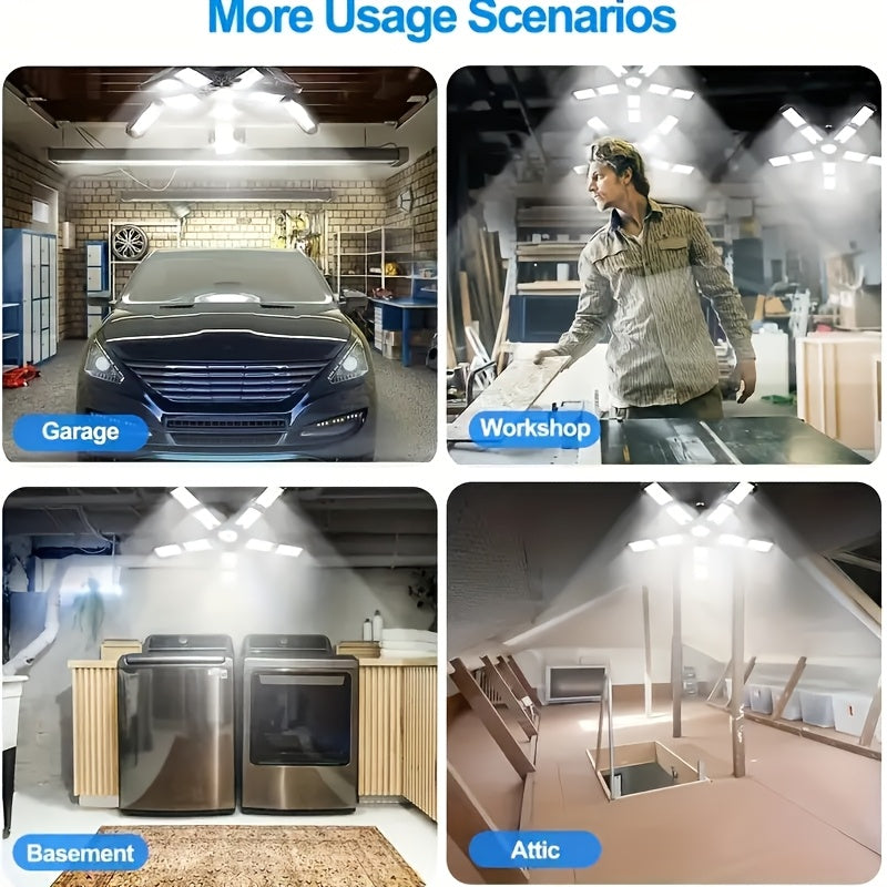 LED Ten-Leaf Folding Garage Light - High Power Ultra-Bright Ceiling/Wall Light, Removable Blades, Wide Voltage (110-240V), Compatible with Emergency Backup, Semi-Flush/Flush Mount Installation, Suitable for Garage