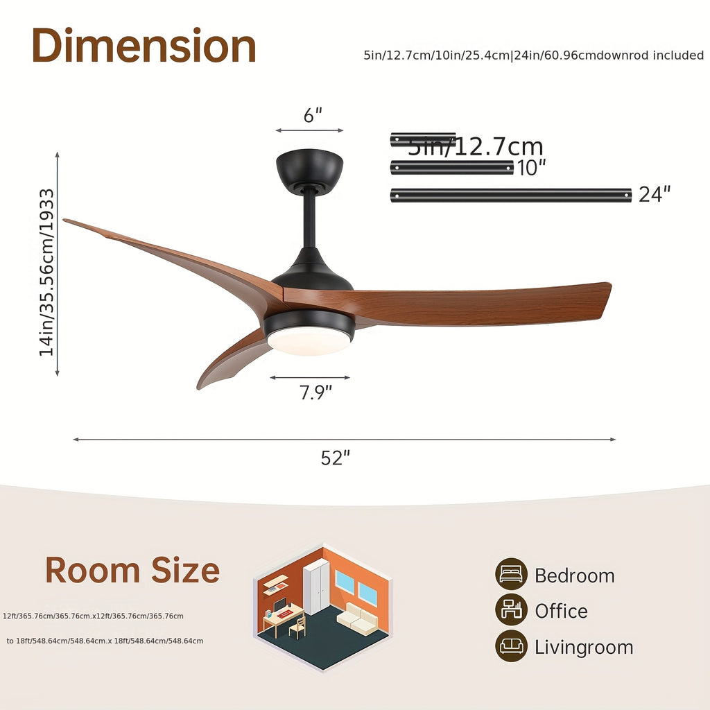 Sofucor Modern Ceiling Fan with Light, 52 Inch, Remote Control, 3 ABS Blades, 3 Color Options, 1/4/8 Hour Timer, 6 Speed Settings, Bright Ceiling Light, for Bedroom, Living Room, Indoor Outdoor