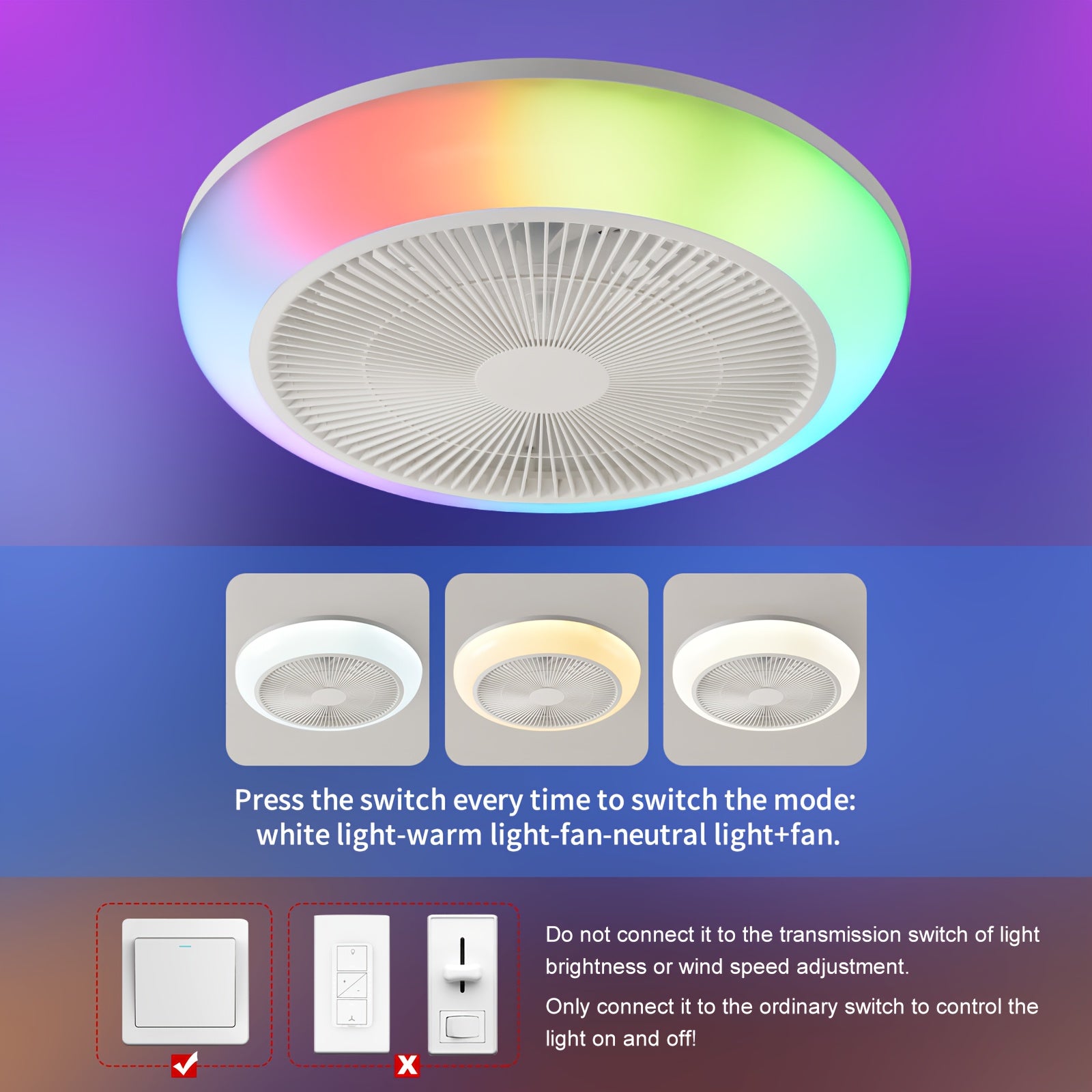 45cm/17.71 Inch Minimalist Modern Ceiling Fan, 6 Speed Levels, Quiet Operation, RGB Light, Ideal for Bedroom, Dining Room