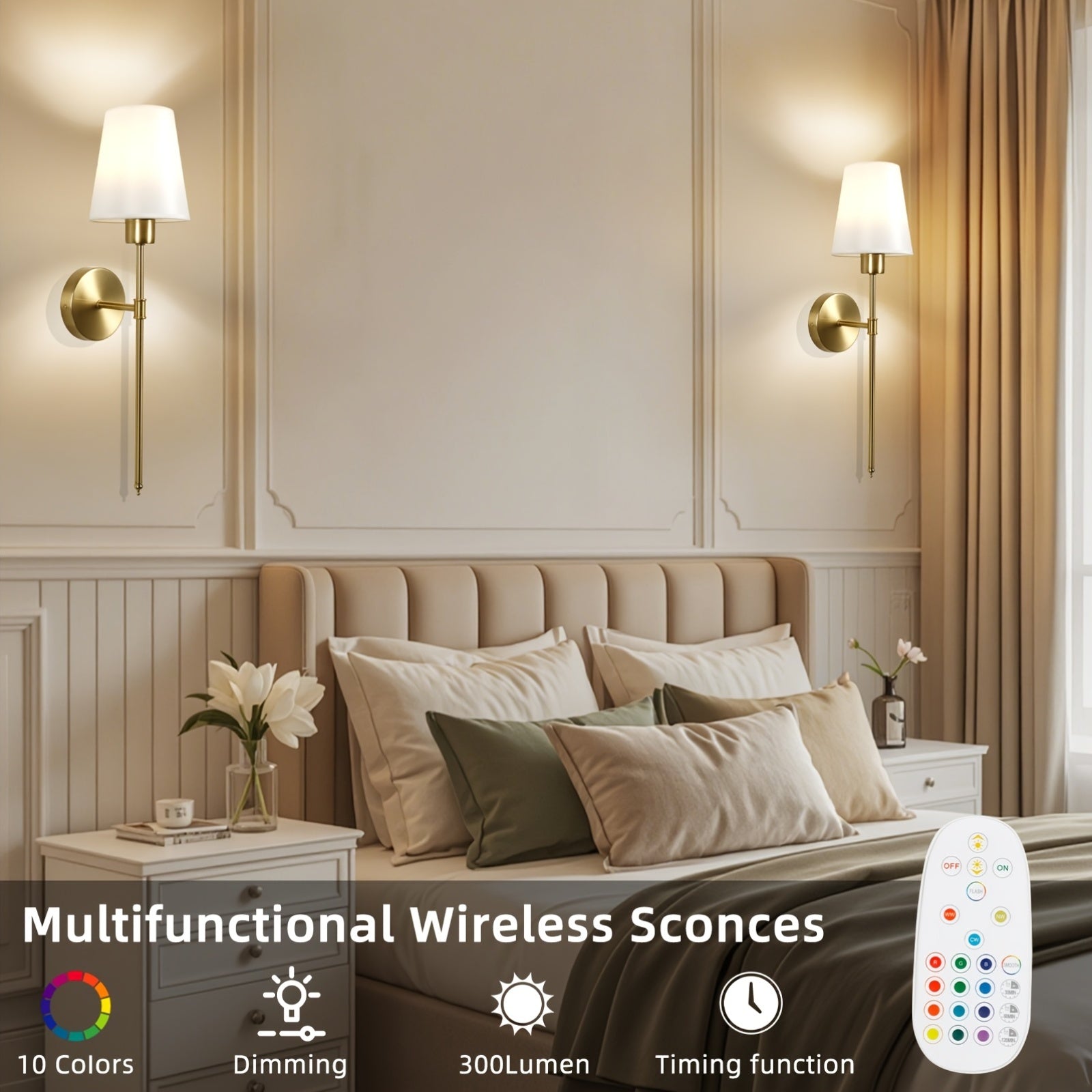 Wall Light Battery Operated Wall Light Set, Black/Gold Wireless Wall Light with Remote Control, 9 Color Modes Rechargeable Wall Light, Suitable for Bedroom Living Room, 2-Pack