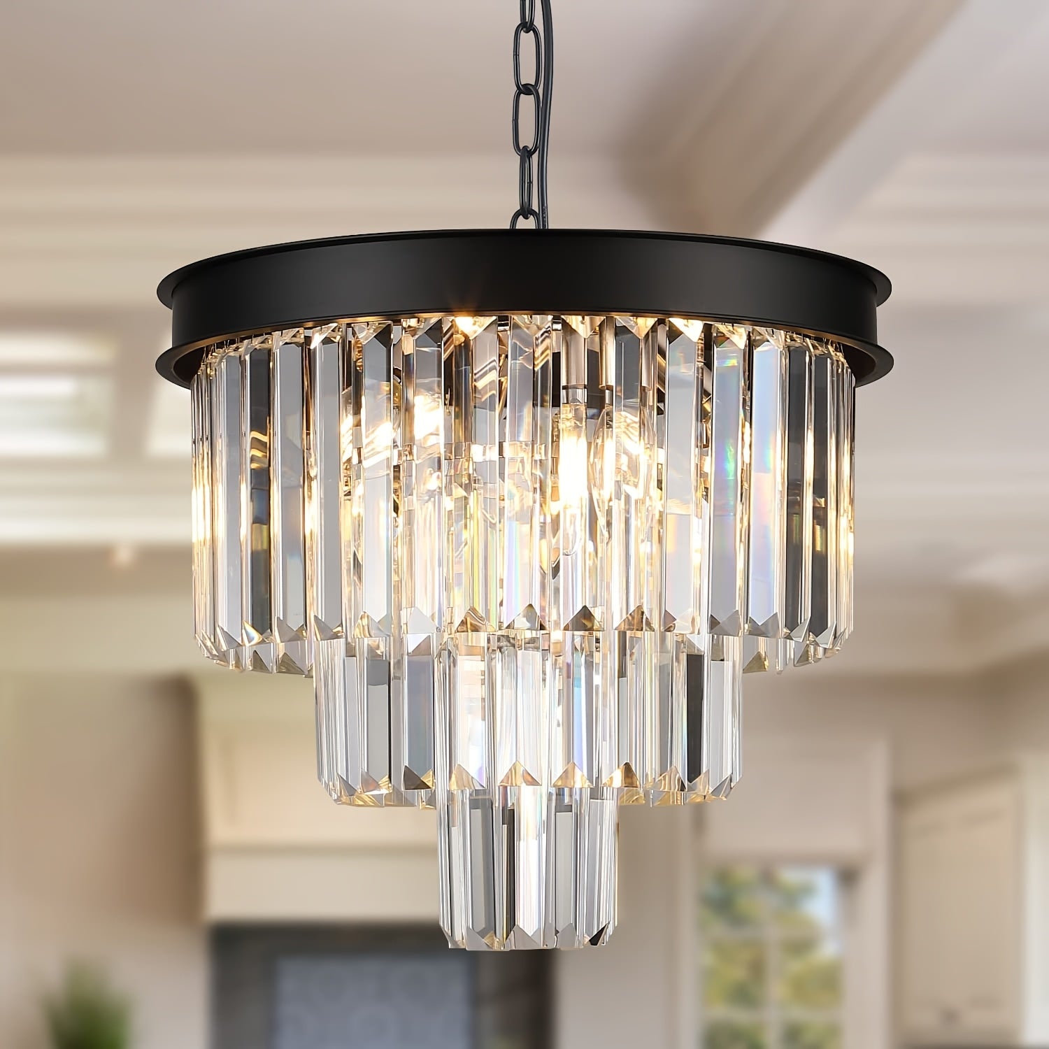 Modern Crystal Chandelier, Black Ceiling Pendant Light, 3-Layer Dimmable Recessed Pendant Light, Round Raindrop, Suitable for Living Room, Dining Room, Foyer, Kitchen Entrance (Bulb Not Included)