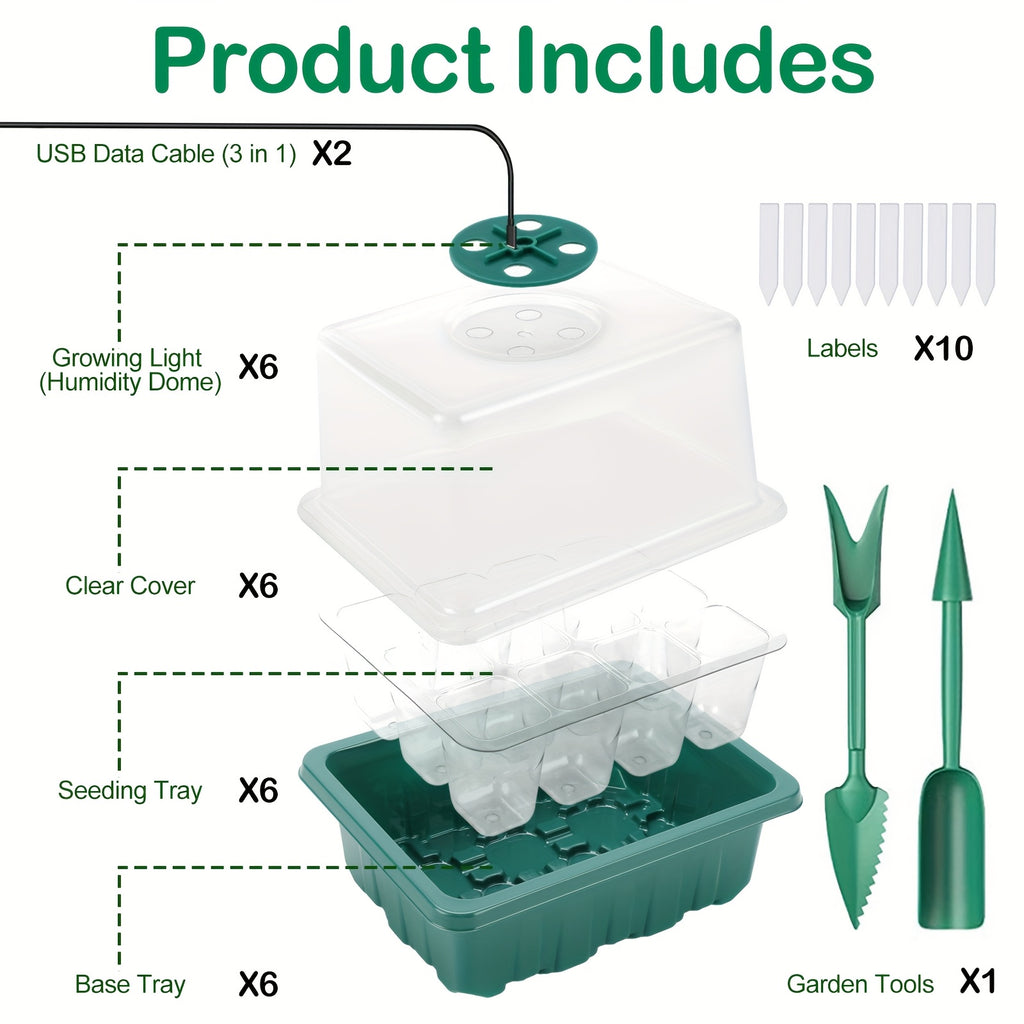 6-Piece Seed Germination Tray Set, Seed Starter Kit with Grow Light, Nursery Tray with Humidity Dome, 3.9 Inch Tall Lid with Drain Holes, Ideal Indoor Spring Vegetable & Fruit Seedling Device, 12 Cells Per Tray