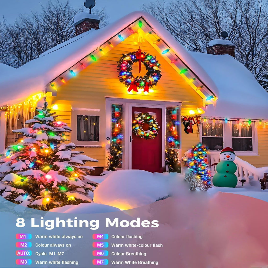 户外圣诞灯 - 84FT 50 LED RGB 颜色变换可连接灯串，专为圣诞装饰/节日装饰而设，非常适合户外节日树和庭院装饰