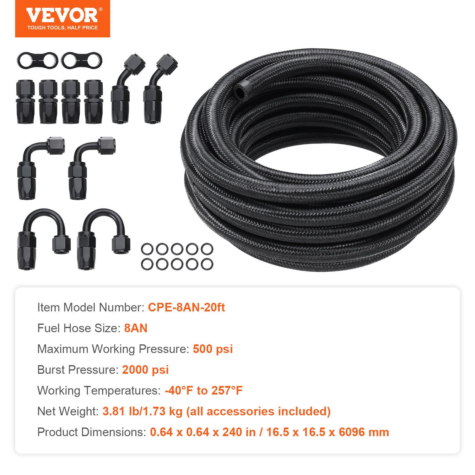 VEVOR 6AN/8AN Fuel Line Kit, 20 FT Fuel Hose Kit, 0.34"/0.43" Nylon Stainless Steel Braided Fuel/Gas/Diesel Hose End Fitting Kit, with 12 PCS Swivel Fitting Adapter Set, Black