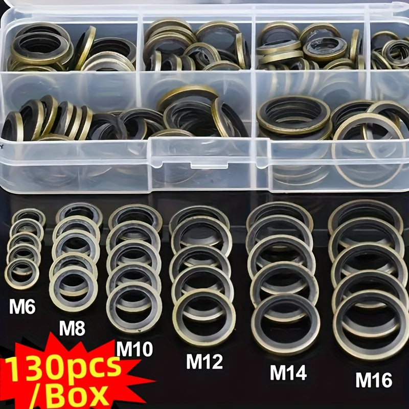 130-Piece Oil Drain Plug Gasket Set for Automotive - Includes Drain Bolt Washers, Rubber Gaskets & Replacement Seals in Sizes M6, M8, M10, M12, M14 & M16