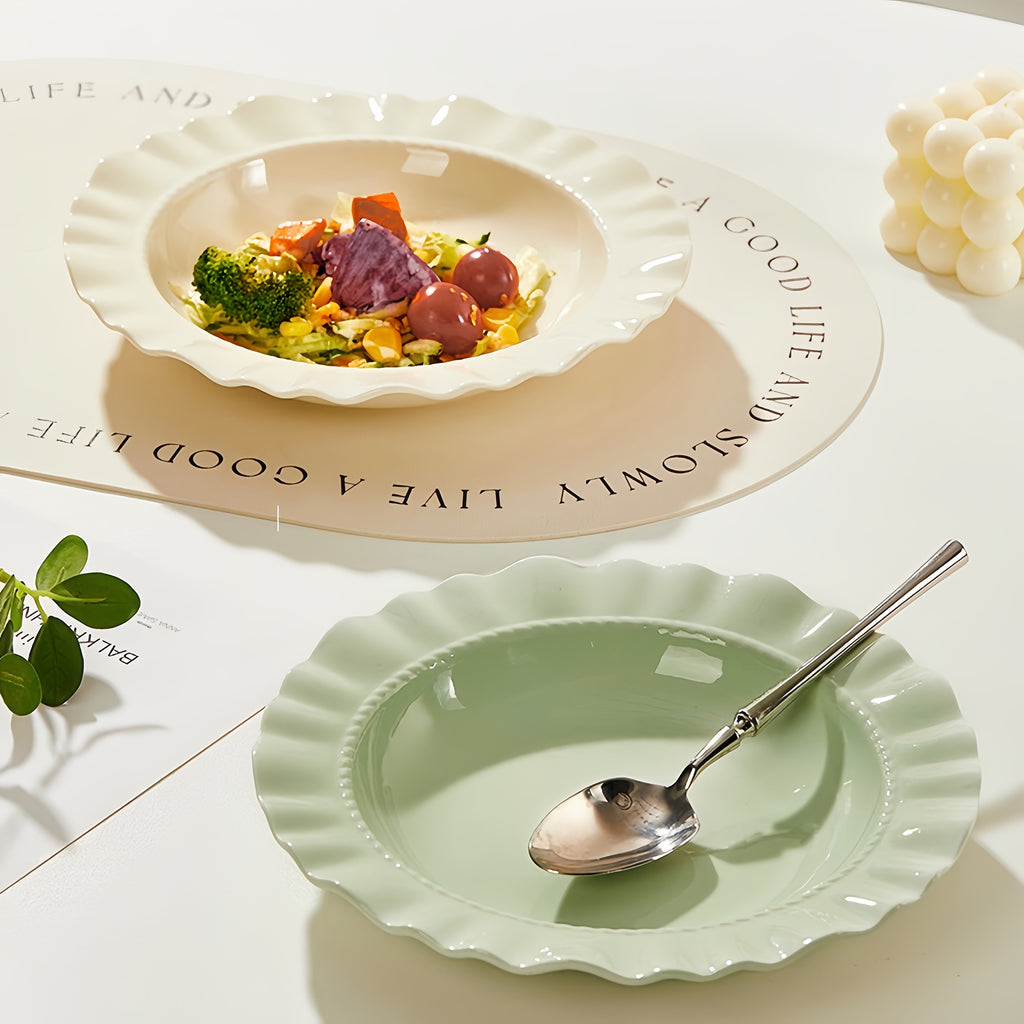 Cream-Style French Lace Western Dinner Plate, Reusable PP Plastic Home Tableware, Serving Plate, Soup Plate, Deep Plate & Bowl Set – Perfect for Cold Dishes, Deli, Desserts, Party Food, Stackable Storage