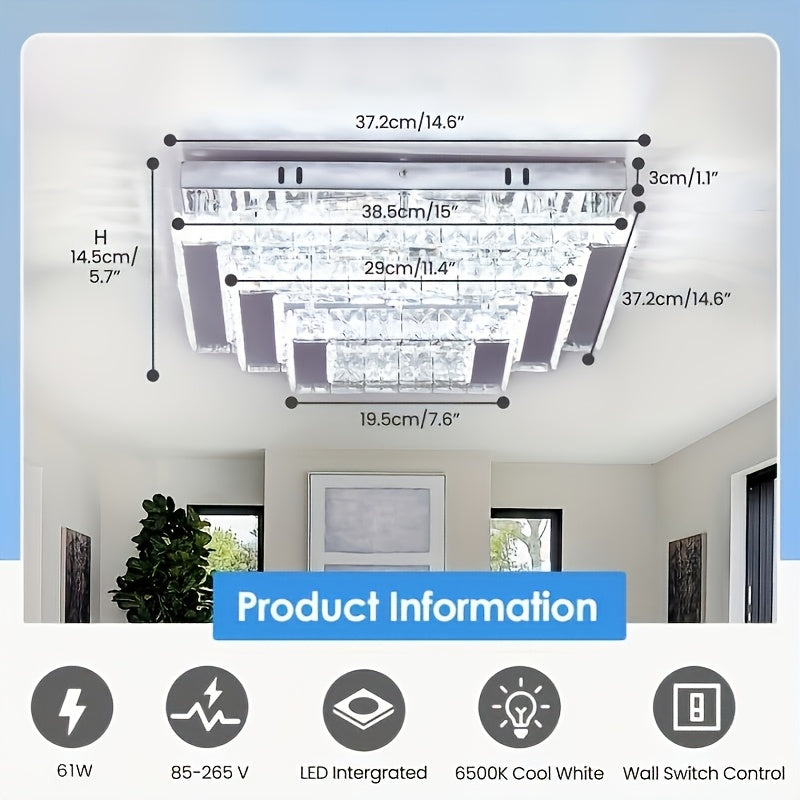 Exquisite Indoor String Light Square Crystal LED Ceiling Light, 15-Inch Modern Pendant Light 3-Layer Flat Panel Ceiling Light, Suitable for Living Room and Dining Room (6500K Cool White Light)