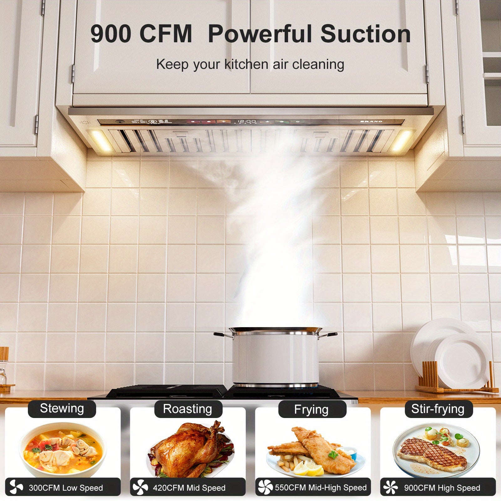 30-Inch Built-In/Insert Range Hood, 900 CFM, Stainless Steel Kitchen Exhaust Fan, Convertible Ducted/Ductless