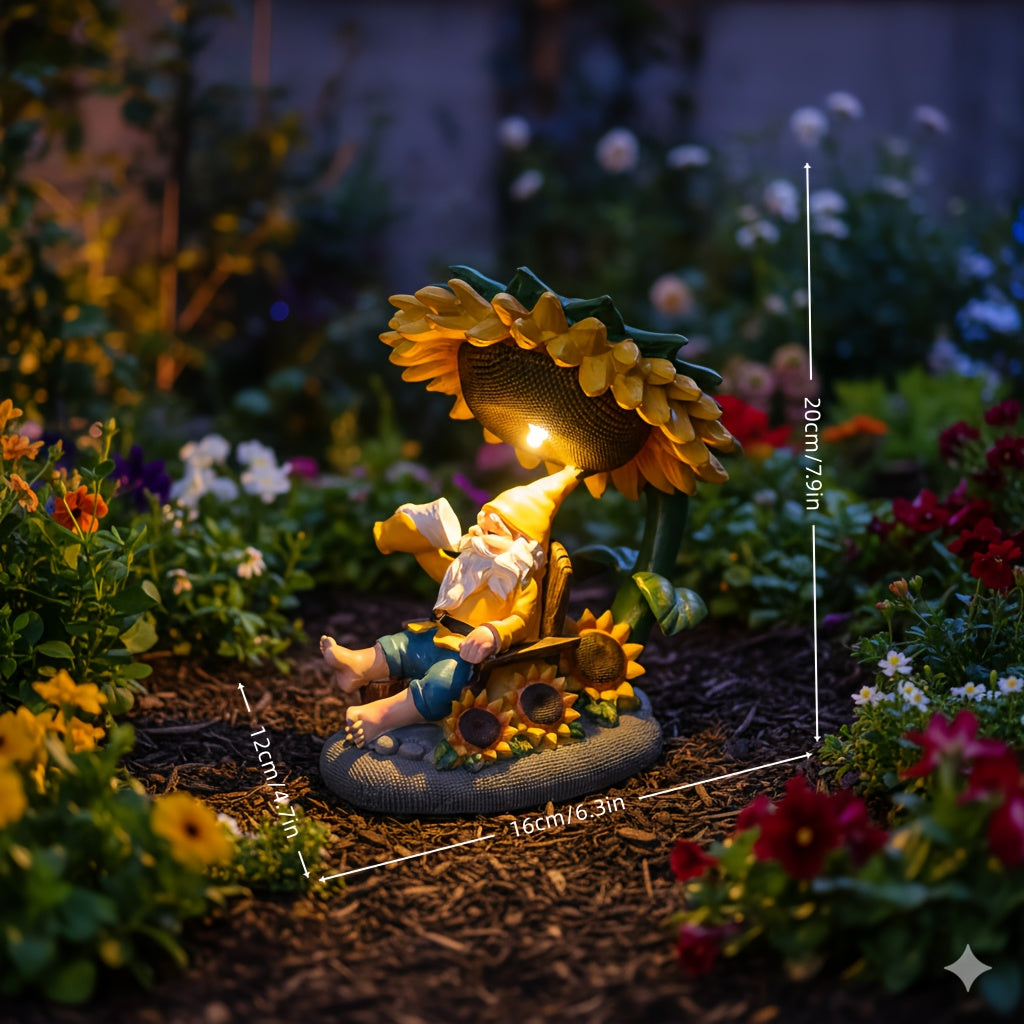 One Creative Solar Gnome Statue Light Under a Sunflower, Outdoor Whimsical Cozy Coffee-Drinking Old Gnome Christmas Ornament, Suitable for Garden Courtyard Miniature Landscape, Tabletop, Lawn, Flower Pot