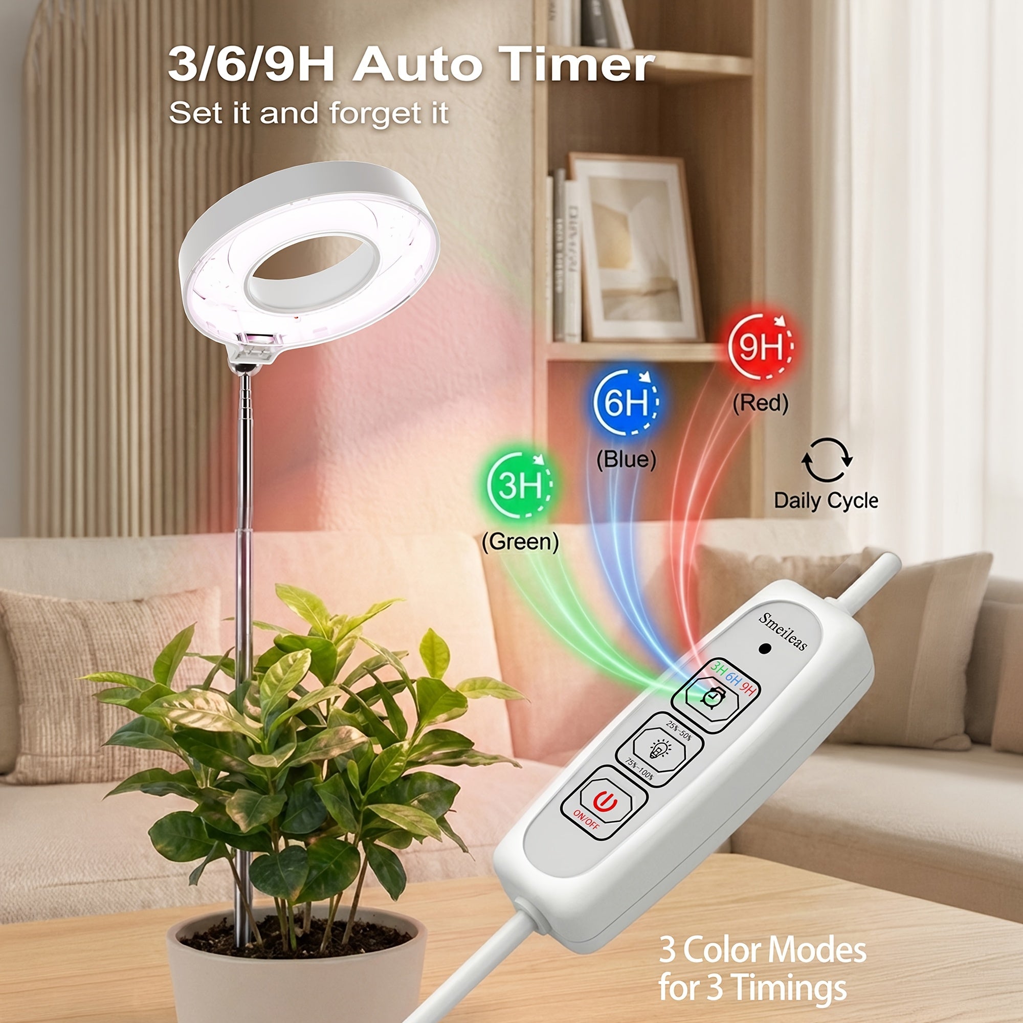 3-Pack Indoor Plant Grow Light, 720° Magnetic Mount Head, Full Spectrum, Height Adjustable, 3/6/9H Timer & Brightness Dimmable, for Tall Floor Plants, White