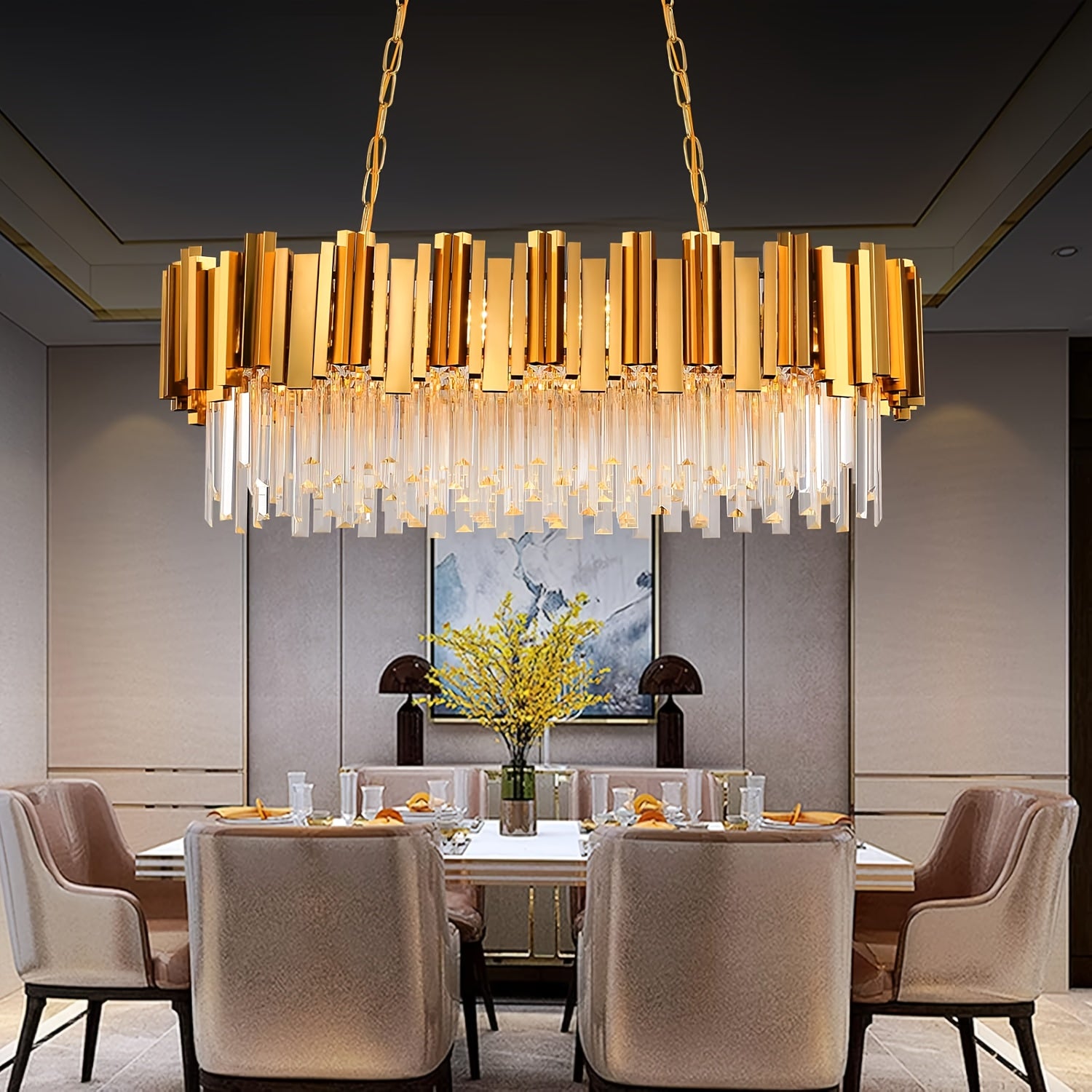 Crystal chandelier for dining room, gold pendant light, modern crystal chandelier lighting fixture, 8-light modern large chandelier fixture, for living room, kitchen island, L31.5*11.81 inches