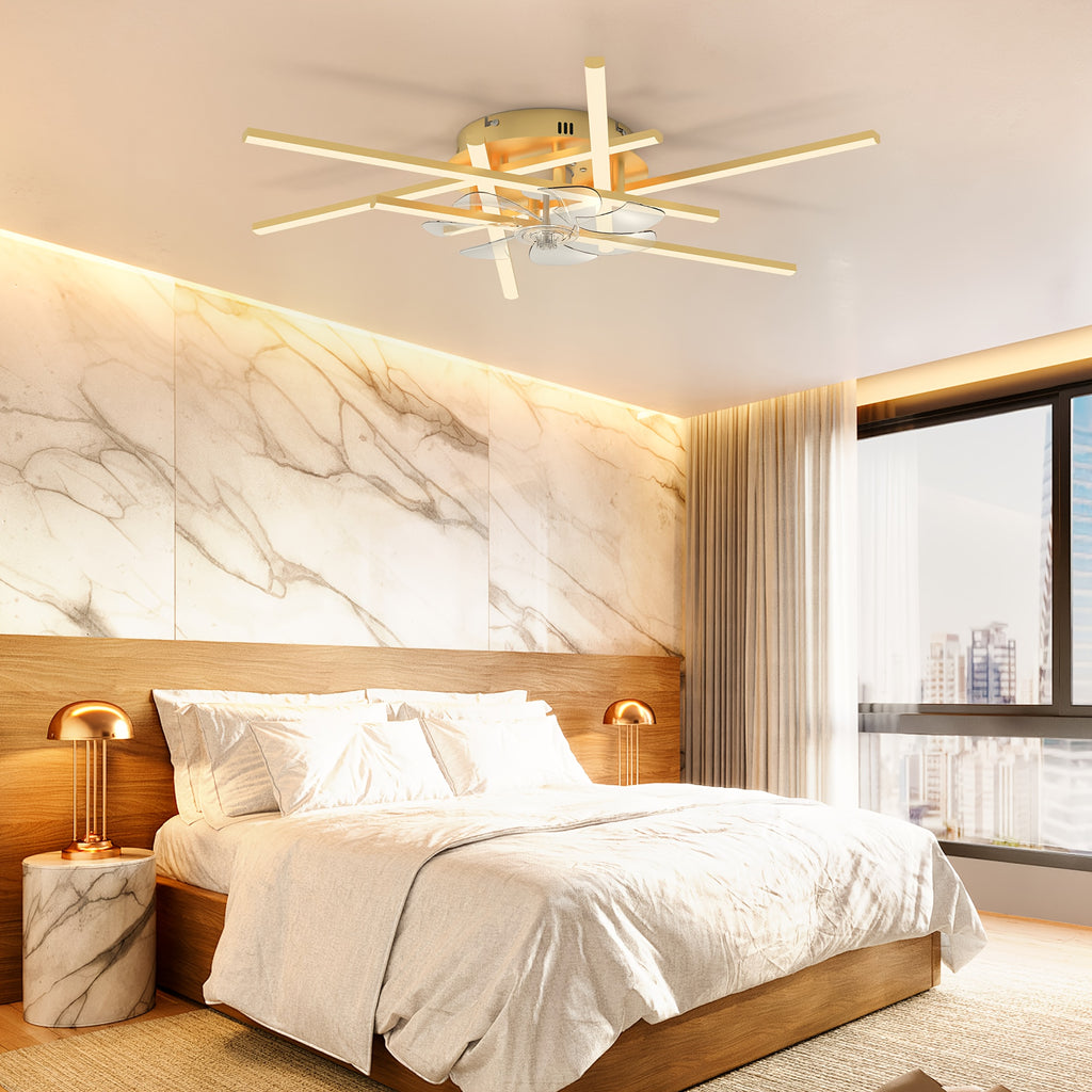 Modern LED Ceiling Fan with Light and Remote Control, Gold Sputnik Semi-Flush Mount Design, Chandelier Fan for Bedroom, Living Room, Dining Room, Kitchen & Office